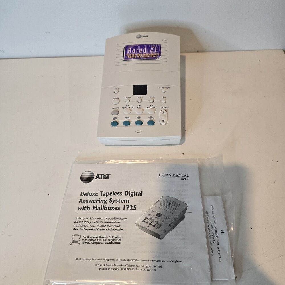 AT&T (1725) Time/Date Stamp Deluxe Digital Answering Machine No Power Cord